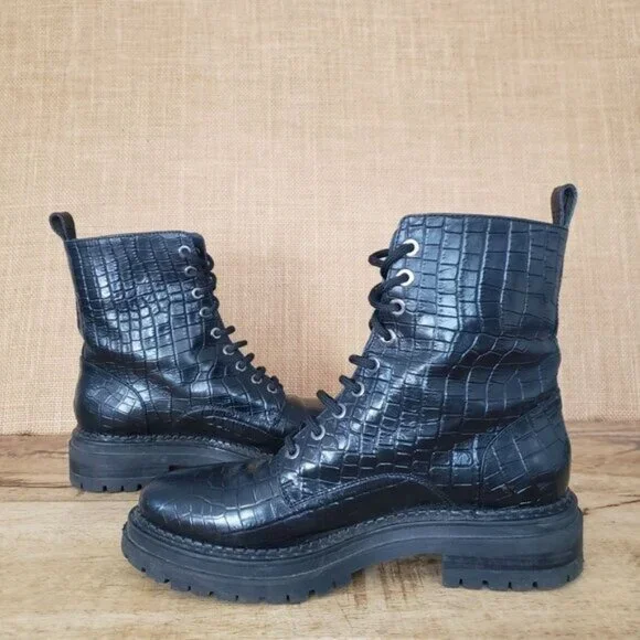 Napoleoni Black Leather Croc-Emboss Lace Up Combat Moto Chunky Sole EU 38 / US 8